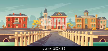 Bridge over rivet and promenade in old european town. Vector cartoon cityscape with old lake quay, empty seafront with retro architecture, autumn tree Stock Vector