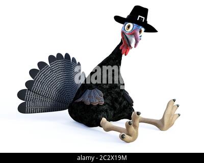 3D rendering of a silly cartoon turkey sitting and wearing a pilgrim hat, tired after Thanksgiving celebration. White background. Stock Photo