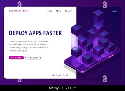 Deploy apps faster isometric landing page. Application containerization and modular software development with square blocks on mobile phone screen, bl Stock Vector