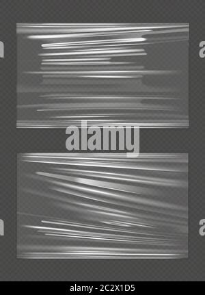 Stretched cellophane banner, realistic crumpled or folded texture vector illustration. Clear transparent polyethylene top of plastic container, tape o Stock Vector