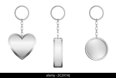 Keychains set. Metal round, rectangular and heart shape keyring holders isolated on white background. Silver colored accessories or souvenir pendants Stock Vector