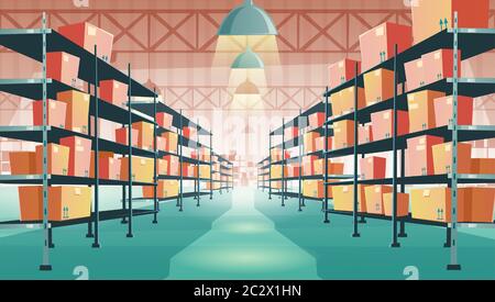 Warehouse interior with cardboard boxes on metal racks. Vector cartoon illustration of empty storehouse interior with goods, cargo and parcels on shel Stock Vector