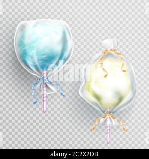 Cotton candy in package bag isolated on transparetn background. Vector realistic set of blue and yellow sugar floss clouds in clear plastic wrapper wi Stock Vector