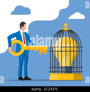 Businessman has key to open cage with big light bulb inside. Concept of creative idea or inspiration, business start up. Glass bulb with spiral and wings in flat style. Vector illustration Stock Vector
