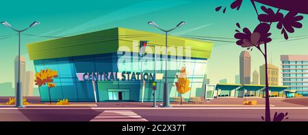 Central bus station. Vector cartoon cityscape with modern city transportation building, street with traffic lights and platform with benches. Waiting Stock Vector