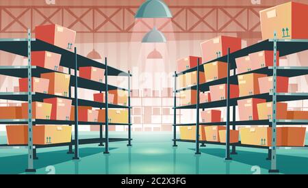 Warehouse interior with cardboard boxes on metal racks. Vector cartoon illustration of empty storage room interior with goods, cargo and parcels on sh Stock Vector