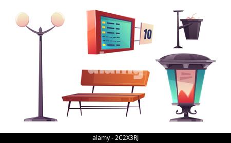 City bus stop with bench and schedule. Vector cartoon icons set of seat, street lamp, trash bin and advertising billboard on bus station platform isol Stock Vector