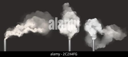 Chimneys with smoke, pipes with steam set. Industrial smog white clouds, factory or plant flues isolated on black background, environmental air pollut Stock Vector