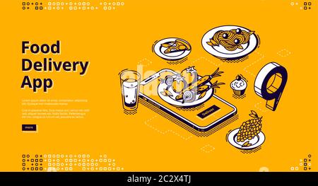 Food delivery app isometric landing page. Mobile online service for order meals, smartphone with plate on screen and gps pinpoint on application map, Stock Vector