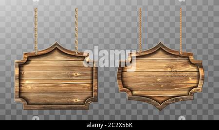 Wooden boards hang on ropes vector set. Realistic signboards with wood texture, banners or labels for bar or saloon in rustic style. Blank vintage pla Stock Vector