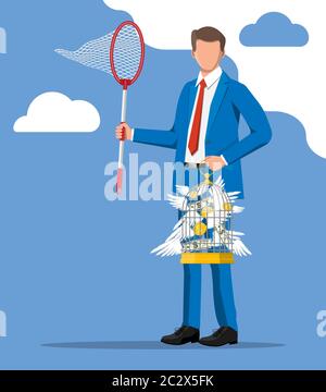 Businessman with butterfly net and cage chasing money. Dollar banknotes and gold coins with wings in birdcage. Concept of success career growth. Achievement and goal. Flat vector illustration Stock Vector