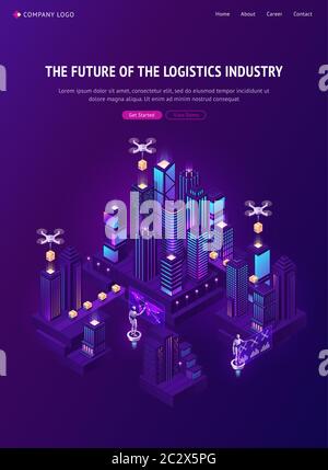 Future of logistics industry banner. Autonomous shipping technology. Vector isometric illustration of smart city with drone delivery cardboard boxes, Stock Vector