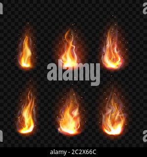 Realistic fire, torch flame icons set isolated on transparent background. Burning campfire or candle blaze effect, glow orange and yellow shining flar Stock Vector