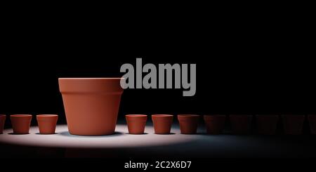 One Big Empty Flowerpot Between a Set of Small Flowerpots Spotlighted on Black Background with Copy Space 3D Illustration Stock Photo