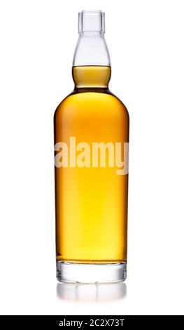 A full bottle of golden whisky, with no label or branding, isolated on white with a slight reflection Stock Photo