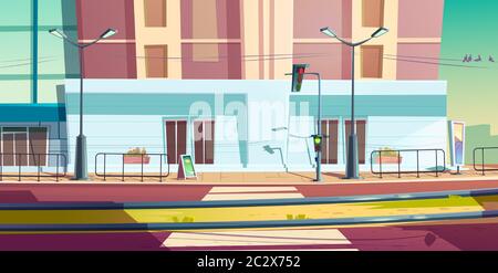 City street with car road and tram rails. Vector cartoon cityscape of empty road with traffic light, pedestrian crosswalk and railway. Urban landscape Stock Vector