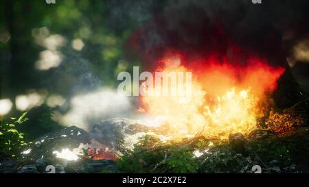 Wind blowing on a flaming trees during a forest fire Stock Photo