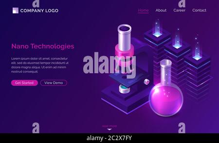 Nano technologies isometric landing page, electronic microscope, glass lab flask with pink liquid and neon glow processors in chemical laboratory, bio Stock Vector