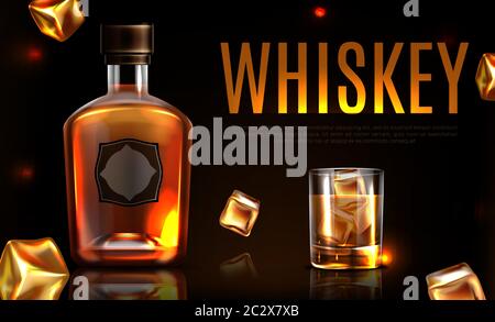 Realistic glass with bourbon and ice cubes Vector Image