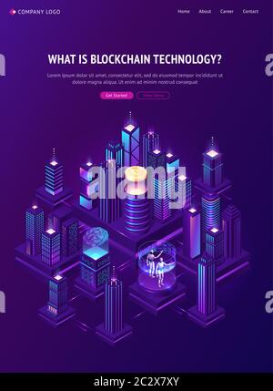 Blockchain technology isometric landing page. Huge bitcoin, human brain and neon glowing skyscraper buildings in smart city with robots. Cryptocurrenc Stock Vector