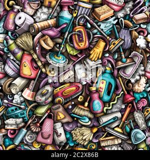 Cartoon cute doodles hand drawn Cleaning seamless pattern Stock Vector