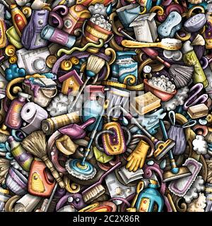 Cartoon cute doodles hand drawn Cleaning seamless pattern Stock Vector