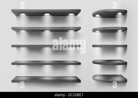 Black wooden shelves with backlight, front and corner racks on white wall background. Empty clear illuminated ledges or bookshelves. Design element fo Stock Vector