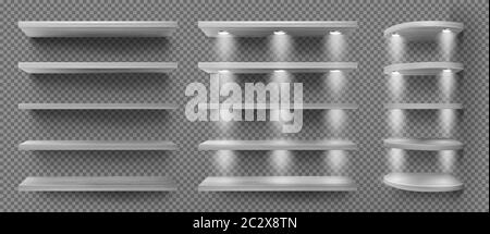 Gray wooden shelves with backlight, front and corner racks on transparent wall background. Empty clear illuminated ledges or bookshelves. Design eleme Stock Vector