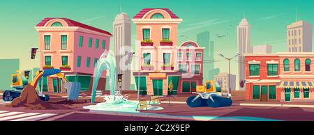 Road under construction with water fountain flow from hole in asphalt pavement fenced with traffic sign on city street. Engineering works with machine Stock Vector