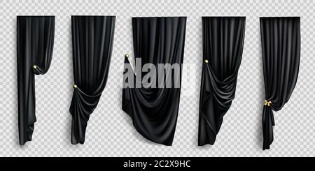 Black window curtains set, folded cloth for interior decoration isolated on transparent background. Soft lightweight clear material, fabric drapery of Stock Vector