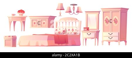 Shabby chic interior set for bedroom isolated on white background. with bed, nightstand, fireplace and hat on hanger. Vector cartoon pink furniture wi Stock Vector