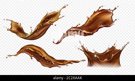 Splash of coffee, cola or tea isolated on transparent background. Vector realistic set of liquid waves of falling and flowing brown drink with drops a Stock Vector