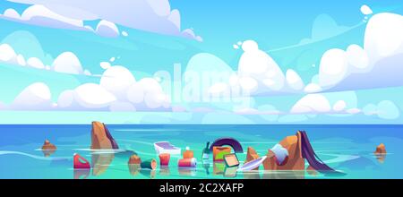Pollution sea by plastic trash, garbage in water. Vector cartoon landscape of ocean with floating dirty waste, bottles, bags, rubbish. Ecological prob Stock Vector