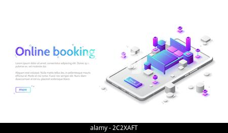 Online hotel booking isometric landing page. Book apartment room service, application for mobile phone. Double bed, nightstands and lamps standing on Stock Vector