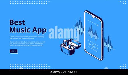 Best music app isometric landing page. Wireless headset front of smartphone with equalizer and soundtrack with audio player application and control bu Stock Vector