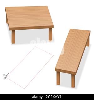 Optical illusion, two tables with same size of tabletop. Cut out the red rectangle, compare, check and wonder - illustration on white background. Stock Photo