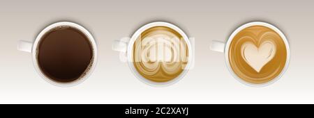 Coffee cups top view set, realistic mugs with hot beverages and cream foam heart design. Assortment of black espresso, cappuccino and latte drinks iso Stock Vector