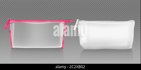 White and transparent cosmetic bag with zipper for makeup and beauty tools. Vector realistic mockup of blank fabric pouch with zip for toiletry, soap Stock Vector