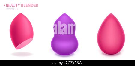 Beauty blenders set, sponges for makeup powder, concealer and foundation, pink and purple make up applicator of various shapes for cosmetics blending Stock Vector
