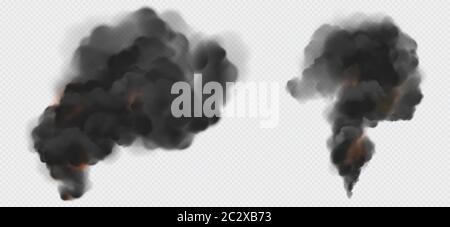 Black smoke or steam trails set, factory or plant industrial smog clouds isolated on transparent background, environmental air Co2 gas pollution, emis Stock Vector
