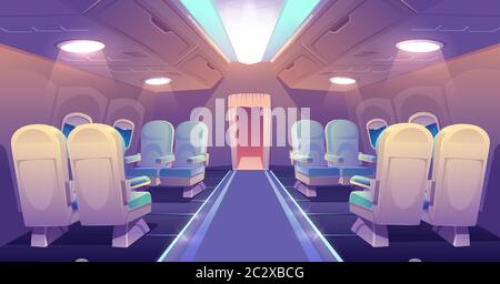 Business class in plane empty interior. Private jet or luxury airplane cabin inside view with comfortable seats. Illuminated salon aisle with chairs f Stock Vector