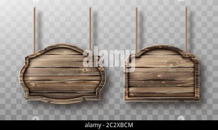 Wooden boards hang on ropes set. Realistic signboards with wood texture, banners or labels for bar or saloon in rustic style. Blank vintage plank pane Stock Vector