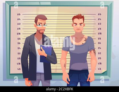 Criminal and lawyer or investigator stand on measuring scale background in police station. Arrested man gangster with tattooed body posing for identif Stock Vector