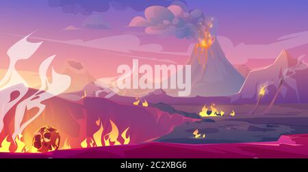 Jurassic period landscape with erupted volcano and fallen meteor. Vector cartoon illustration of prehistoric Earth surface with meteorite crater, fire Stock Vector
