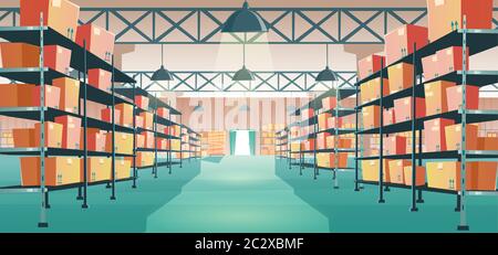 Warehouse interior with cardboard boxes on metal racks. Vector cartoon illustration of empty storage room interior with goods, cargo and parcels on sh Stock Vector