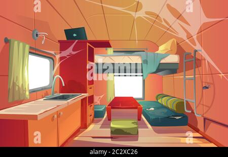 Abandoned camping trailer car interior with loft bed, ragged couch, kitchen sink, desk with laptop, bookshelf and window covered with spider web. Negl Stock Vector