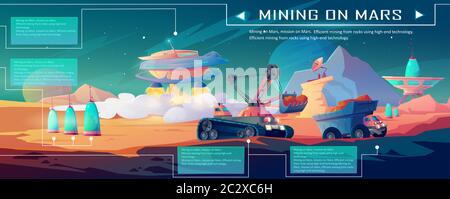 Space mining on Mars. Landscape of alien planet surface with construction machinery, excavator and truck. Vector cartoon infographic of exploration an Stock Vector