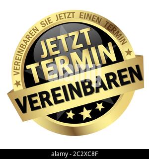 EPS 10 vector with round colored button with banner and text arrange meeting now (in german) Stock Photo