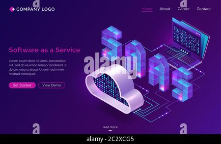 Saas, software as a service isometric landing page. Technology for using digital computer programs via internet access and subscription system. Laptop Stock Vector