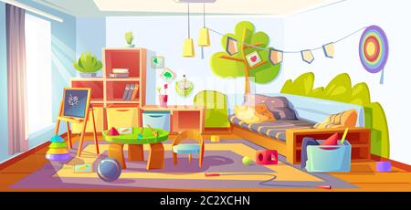 Preschool kindergarten classroom with toys cartoon vector illustration ...